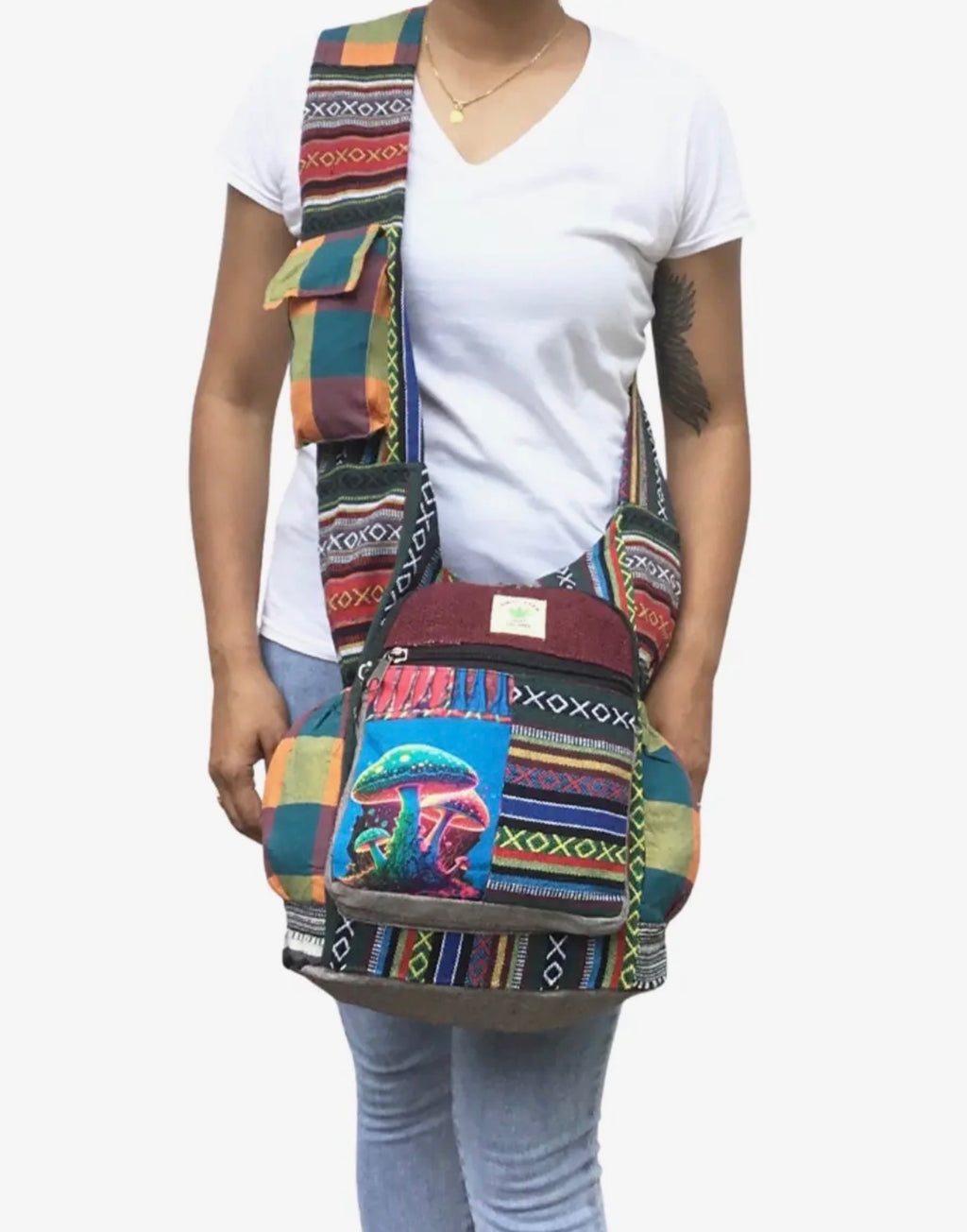 Psychedelic mushroom tribal hippie hobo bag